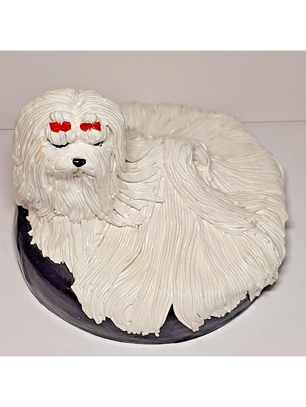 J Lau Signed Maltese Dog Figurine Hand Sculpted Textured Fur OOAK Vintage 1995